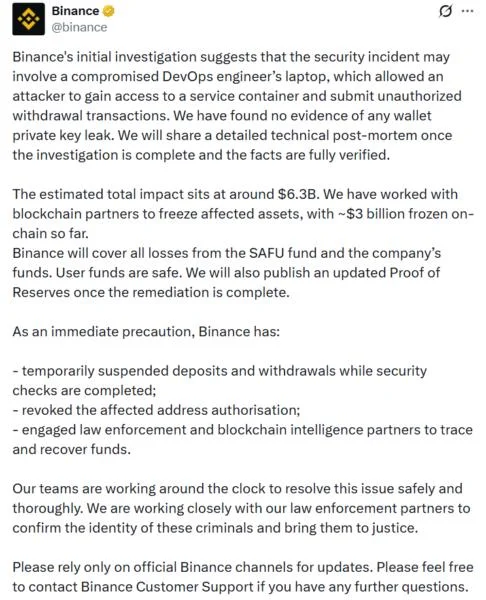 Binance Confirms $6.3B Security Breach, Freezes $3B in Assets and Pledges Full Compensation