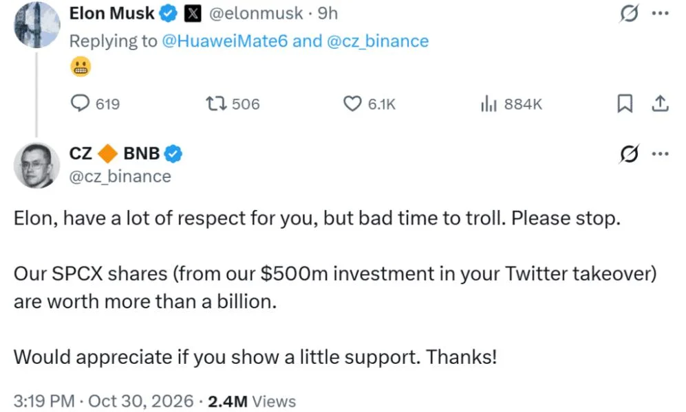 Binance Hack: CZ Fires Back at Elon Musk, Cites $1B SpaceX Stake as Coinbase Offers Security Support