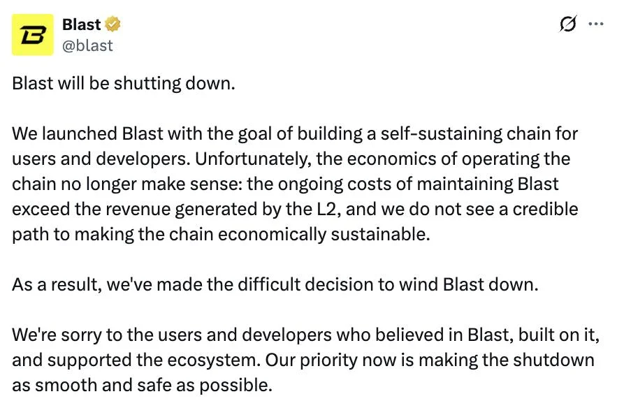 Blast to wind down Ethereum L2 after costs outpace revenue