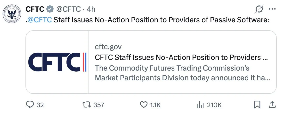 CFTC expands regulatory relief for passive trading software providers