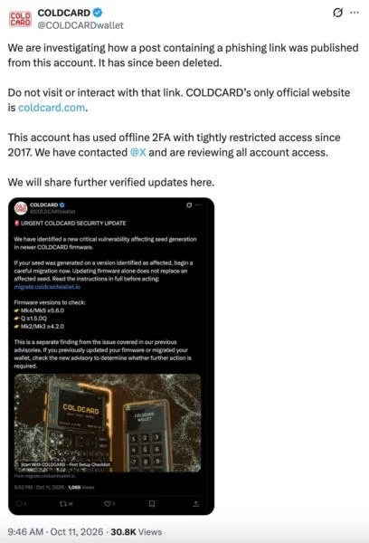 Coldcard Bitcoin Wallet Maker Compromised Again, This Time Online