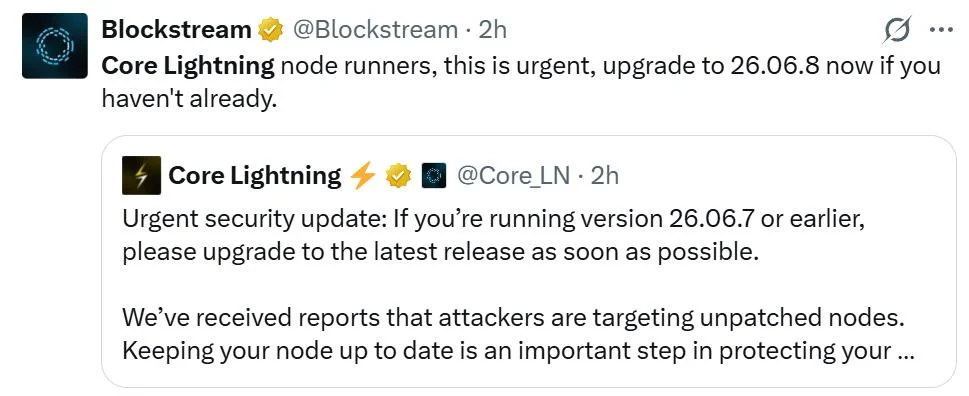 Core Lightning warns attackers are targeting unpatched nodes