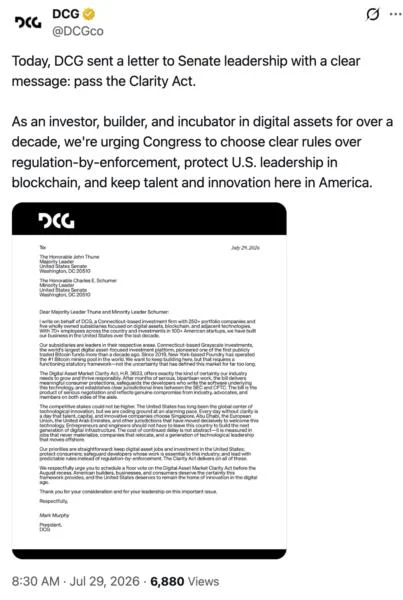 DCG Says US Faces 'Alarming' Offshore Flight Without CLARITY Act, Demands Vote Before August Recess
