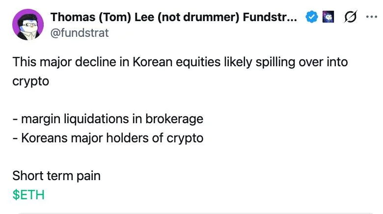 ETH Price Faces Fresh Risk As Tom Lee Flags Korea Margin Calls – Warns Of A Potential Crypto Spillover