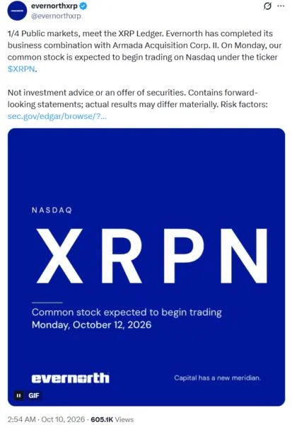 Evernorth XRP Treasury Merger Brings 473 Million XRP to Nasdaq as XRPN Debuts October 12