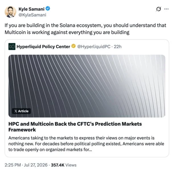 Former Multicoin Co-Founder Says Firm Is 'Working Against' Solana Builders Over Hyperliquid Backing