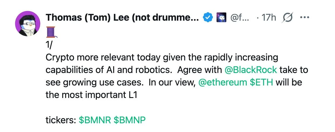 Fundstrat's Tom Lee Says Crypto 'More Relevant' In AI Era, Backs BlackRock's Bullish Bitcoin Call