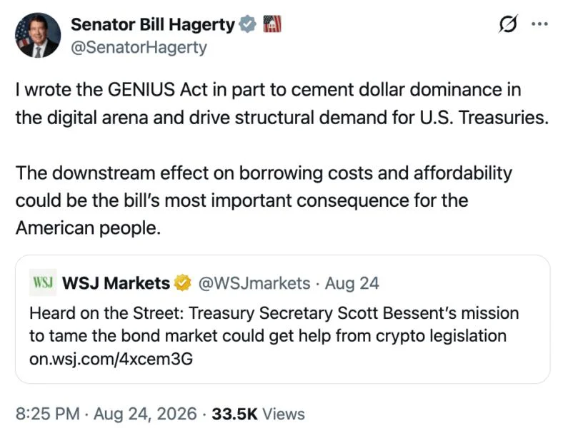 GENIUS Act Could Create $2.3T Treasury Bill Demand As Stablecoins Grow, Says Senator Bill Hagerty
