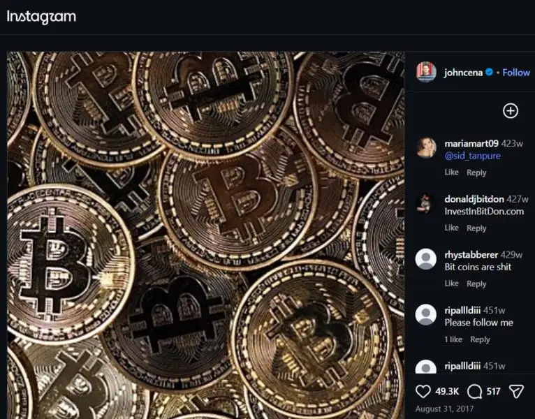 John Cena Once Casually Shared a Bitcoin Stock Photo on Instagram Without Saying a Word — Here’s What $100 Invested into BTC Then Would Be Worth Now