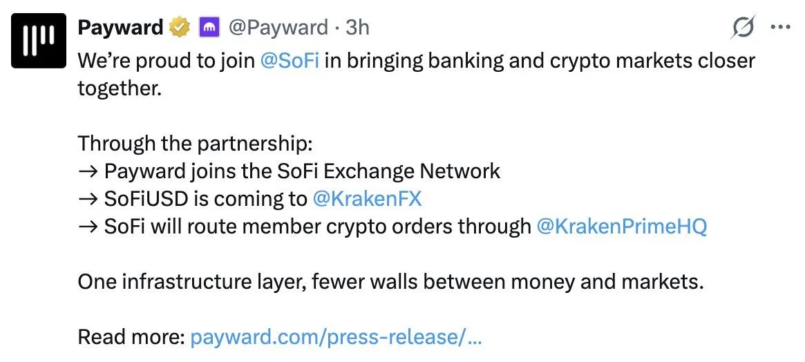 Kraken parent Payward partners with SoFi on stablecoin, 24/7 settlement