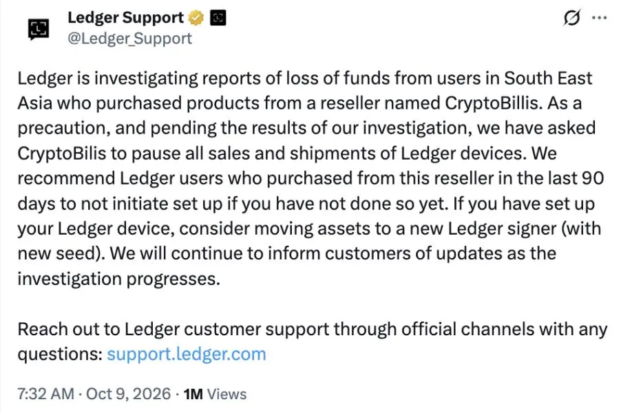 Ledger investigates fund losses linked to Southeast Asian reseller, warns users