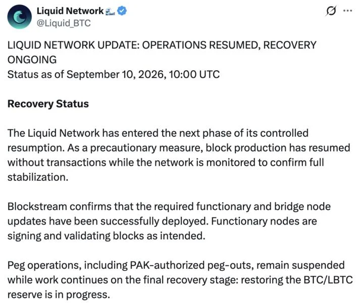 Liquid Network resumes block production after $320M exploit
