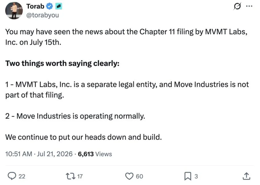Movement Labs files for Chapter 11 bankruptcy after months of MOVE token turmoil