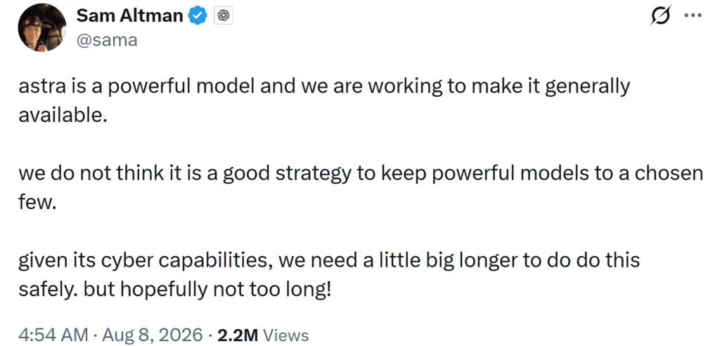 OpenAI CEO Sam Altman Says Astra AI Will Be ‘Generally Available,’ But Cyber Capabilities Require More Safety Work