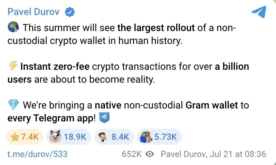Pavel Durov says Telegram to roll out native Gram crypto wallet