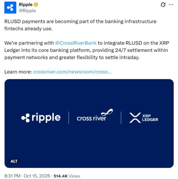 Ripple Brings RLUSD to Cross River Bank as Garlinghouse Backs Evernorth’s XRP Strategy