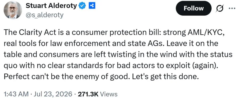 Ripple CLO Stuart Alderoty Defends Clarity Act Consumer Safeguards: “Perfect Can’t Be the Enemy of Good”