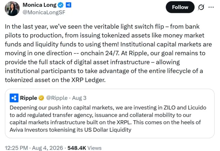 Ripple President Monica Long: XRP Ledger Hits ‘Light Switch’ Moment as Institutional Adoption Accelerates