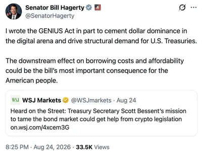 GENIUS Act Could Create $2.3T Treasury Bill Demand As Stablecoins Grow, Says Senator Bill Hagerty