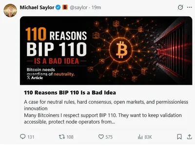 Michael Saylor Opposes BIP 110, Says Proposal Risks Bitcoin’s Neutrality