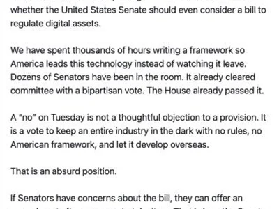 Senator Bernie Moreno Turns Up Pressure On Senate Ahead Of Crucial CLARITY Act Vote, Says It Is Not ‘Final Passage’