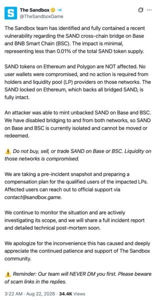 Sandbox Says Bridge Exploit Was ‘Minimal’ - On-Chain Data Tells A Very Different Story