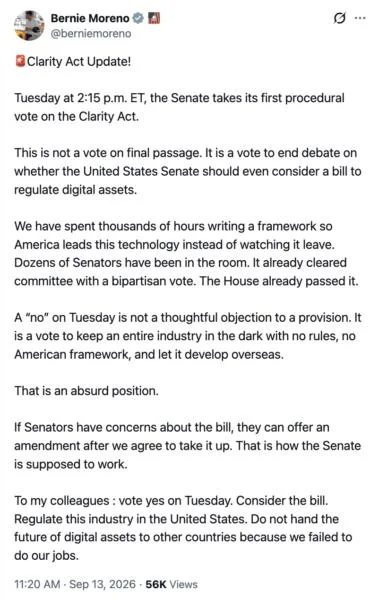 Senator Bernie Moreno Turns Up Pressure On Senate Ahead Of Crucial CLARITY Act Vote, Says It Is Not ‘Final Passage’