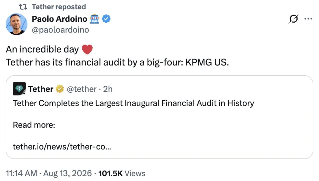 Tether completes first full financial audit, receives clean KPMG opinion