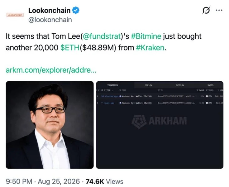 Tom Lee-Led BitMine Reportedly Scoops Up $48.89 Million Of Ethereum During Crypto’s ‘AI Downstream’ Story